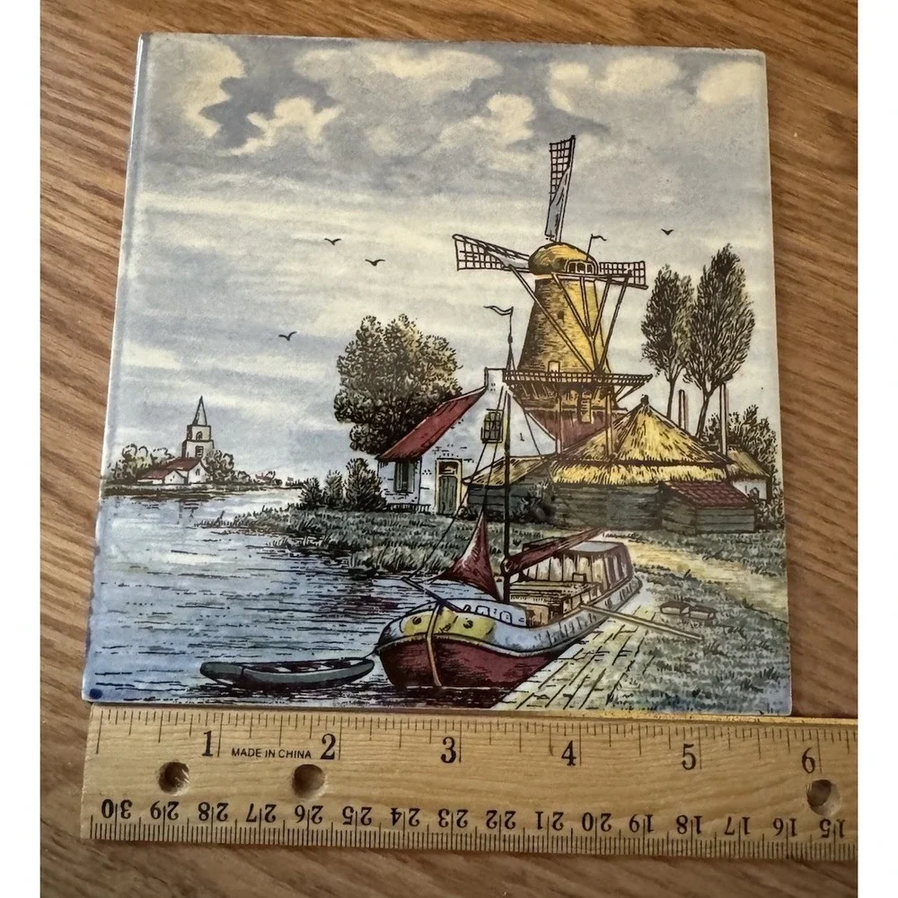 Vintage Delft Handpainted Ceramic Tile Dutch Windmill Canal Holland 6